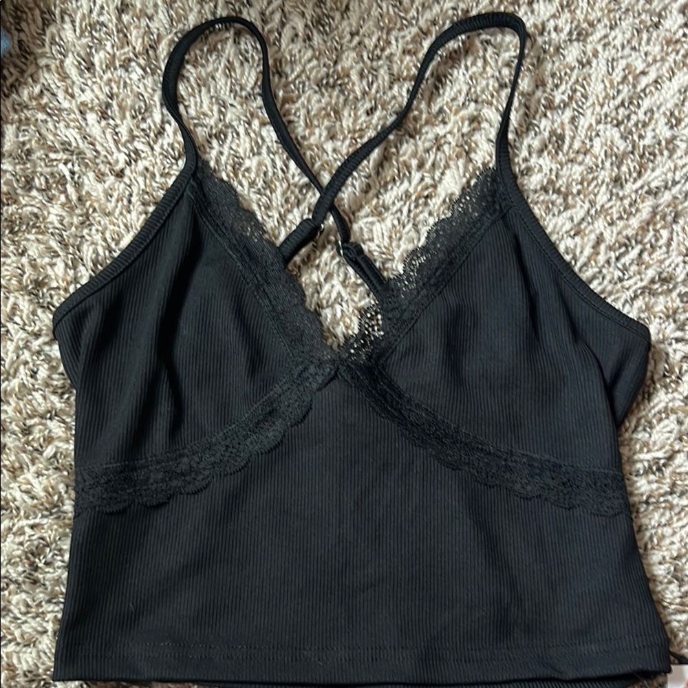 Cider Black Ribbed Tank with Lace Detail